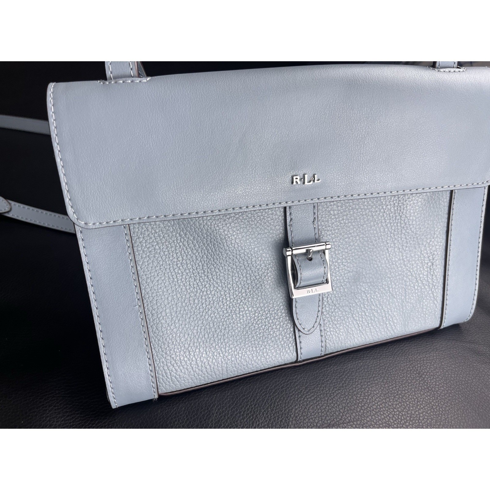 Lauren Ralph Lauren Mullinder Blue Pebble Leather Crossbody Flap Bag Purse Rll